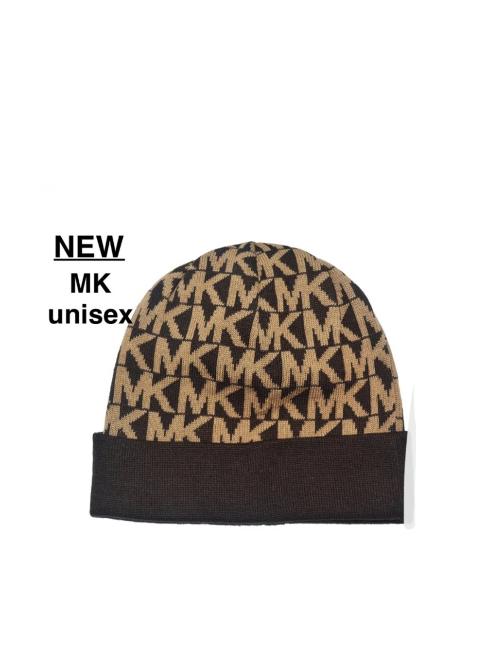 New Michael Kors Camel/ Dark Brown Mk Signature Logo Beanie Hat w/tags ⭐⭐️⭐️⭐️
